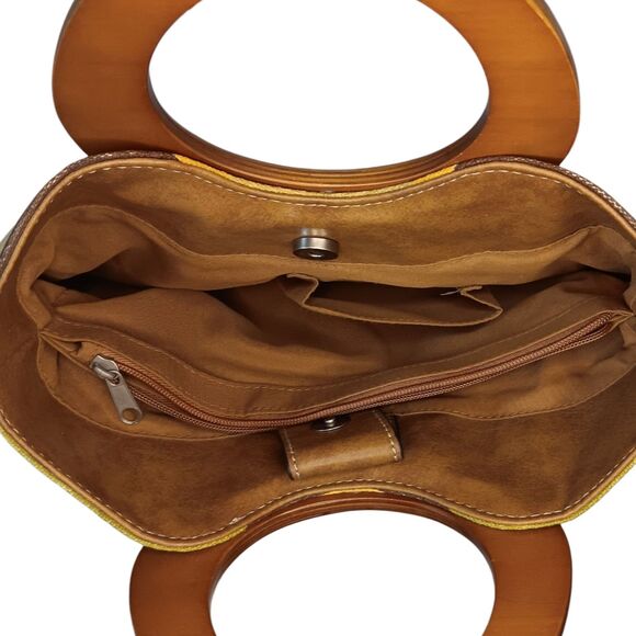 Striped Canvas Clutch Purse Wooden Handles Tan Blue Brown Summer Relic Brand - Picture 10 of 14